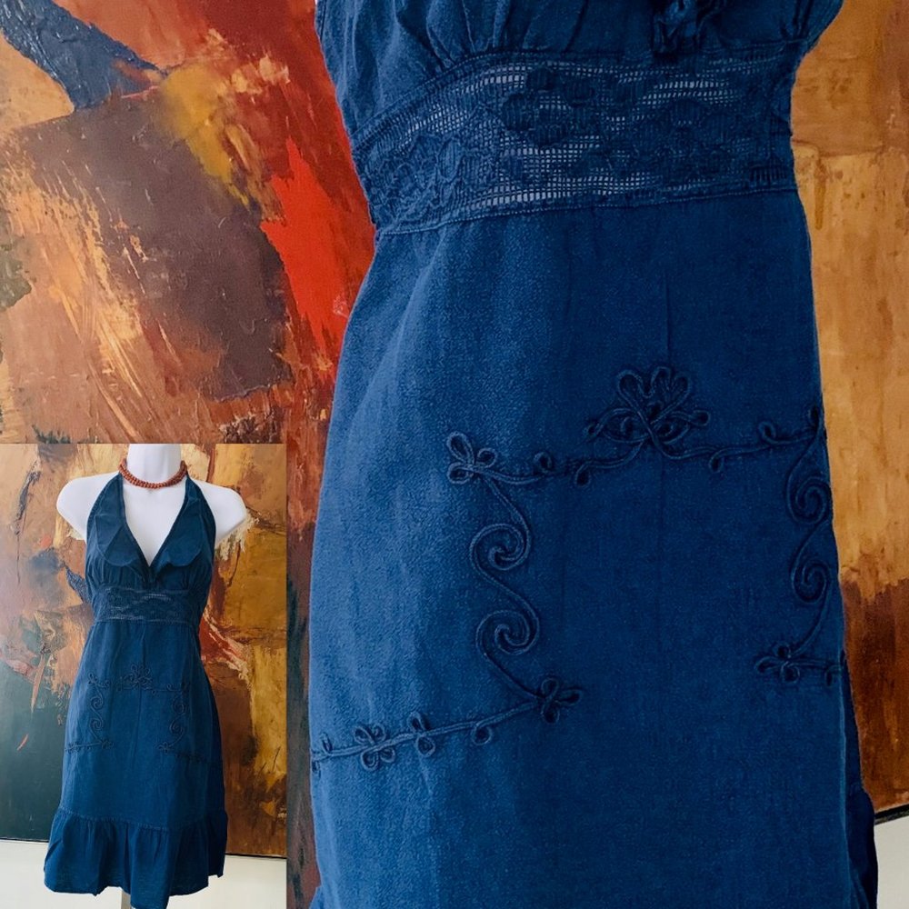Denim Blue Halter Embroidered Organic Gauze Cotton Ruffle Sexy Country Dress NWT